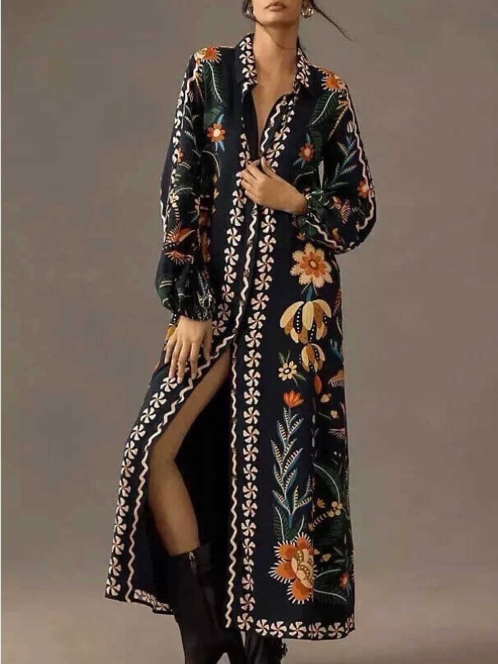 FARM Rio Black Maxi Dress with Orange, Yellow and Green Floral Embroidery